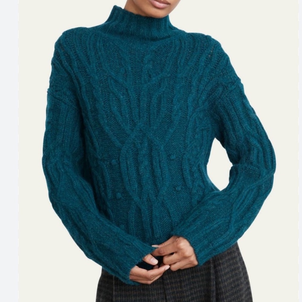 VINCE Interlaced Cable Knit Turtleneck Sweater Dark Malachite Sz M Alpaca Wool - Picture 15 of 15